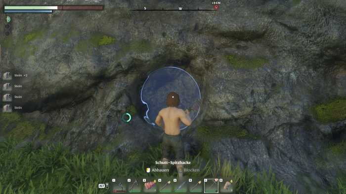 Mit der Spitzhacke können wir uns durch die Welt buddeln. (Bild: Keen Games/Screenshot: Golem.de)