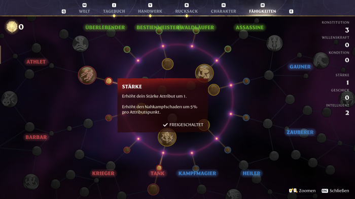 Im Talentbaum können wir relativ frei Punkte verteilen. (Bild: Keen Games/Screenshot: Golem.de)