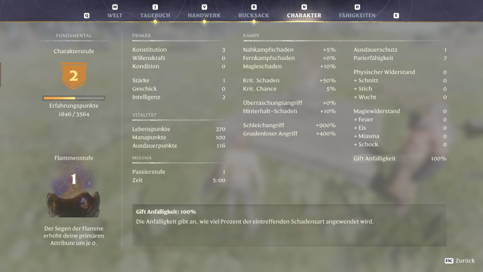 Die Übersicht mit unseren Charakterwerten. (Bild: Keen Games/Screenshot: Golem.de)