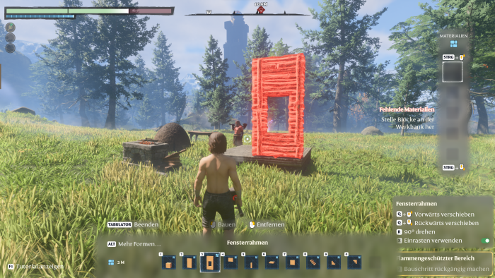 Mit dem Bauhammer in der Hand können wir Häuser errichten - vorausgesetzt, wir haben genug Rohstoffe. (Bild: Keen Games/Screenshot: Golem.de)