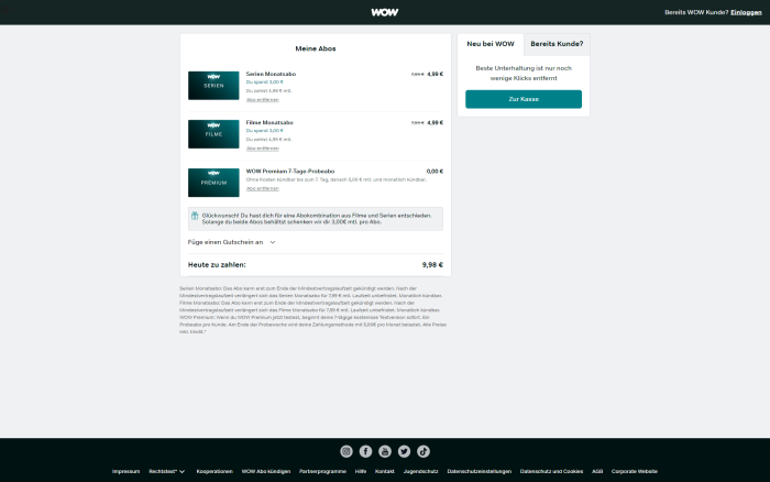 Um das Wow-Serienabo buchen zu können, muss das Wow-Film-und-Serienabo gebucht werden. Dann muss das Filmabo aus dem Warenkorb entfernt werden. (Bild: Sky/Screenshot: Golem.de)