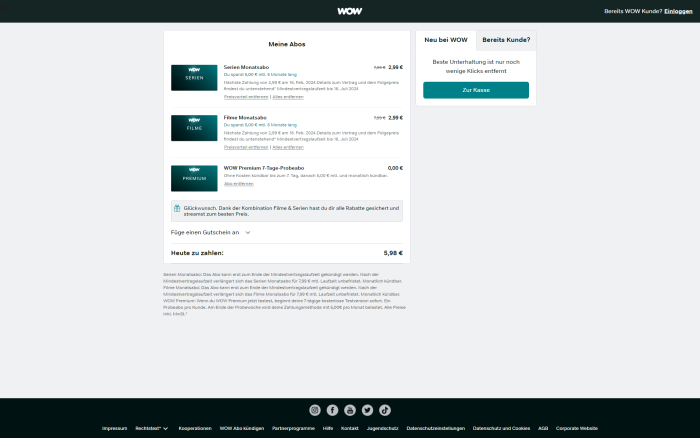 Wenn das Wow-Film-und-Serien-Abo mit sechs Monaten Laufzeit im Warenkorb liegt und das Filmabo entfernt wird ... (Bild: Sky/Screenshot: Golem.de)