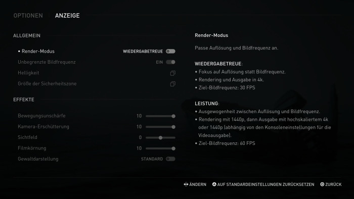 Das Grafikmenü von The Last of Us 2 Remastered auf der PS5. (Bild: Naughty Dog/Screenshot: Golem.de)