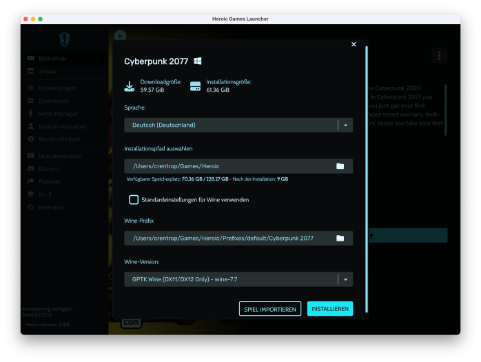 Der Heroic Game Launcher kann Windows-Spiele direkt auf dem Mac installieren. Voraussetzung: Das GPTK oder Crossover sind installiert. (Screenshot: Christian Rentrop)