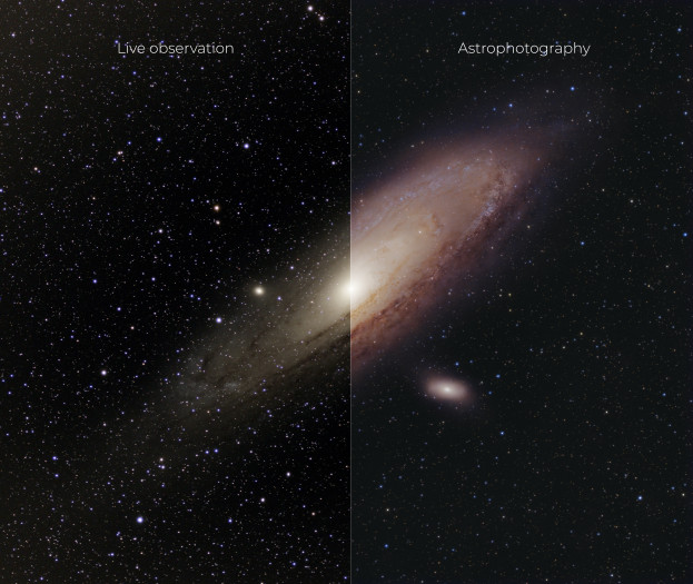 Live-Beobachtung während einer Session vs. nachbearbeitete Aufnahme der gleichen Daten - M31 Andromeda (Bild: Vaonis)