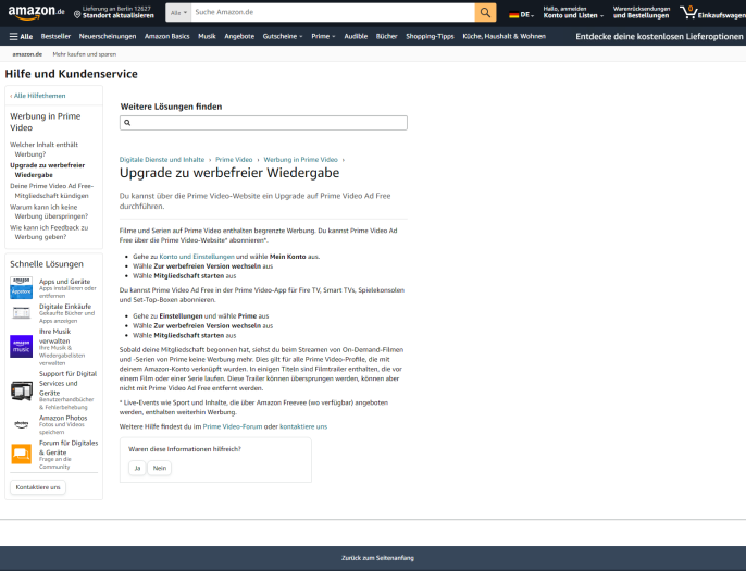 Auf dieser Hilfeseite enthüllt Amazon, dass die Werbefrei-Option für Prime Video-Trailer enthält. (Bild: Amazon/Screenshot: Golem.de)