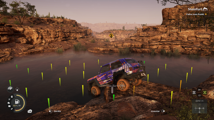 Mit dem Echolot können wir uns die Wassertiefe anzeigen lassen. (Bild: Saber Interactive/Screenshot: Golem.de)