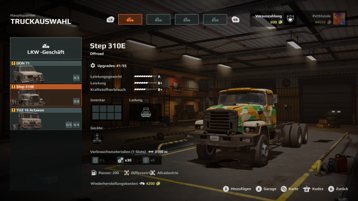 In der Garage wählen wir Vehikel und Ausrüstung. (Bild: Saber Interactive/Screenshot: Golem.de)