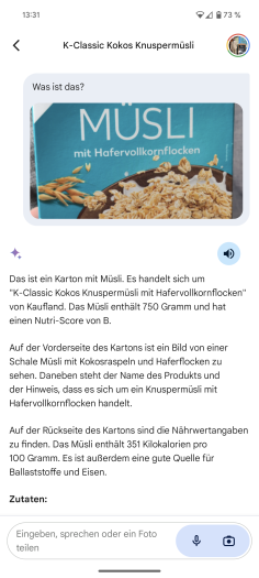 Die Gemini-App erkennt die M&uuml;slipackung korrekt. (Screenshot: Golem.de)