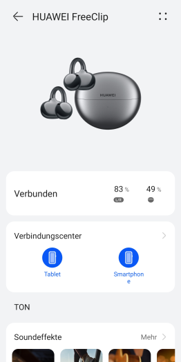 Die AI-Life-App zeigt den Ladestand der St&ouml;psel und des Ladeetuis sehr genau an. (Bild: Huawei/Screenshot: Golem.de)