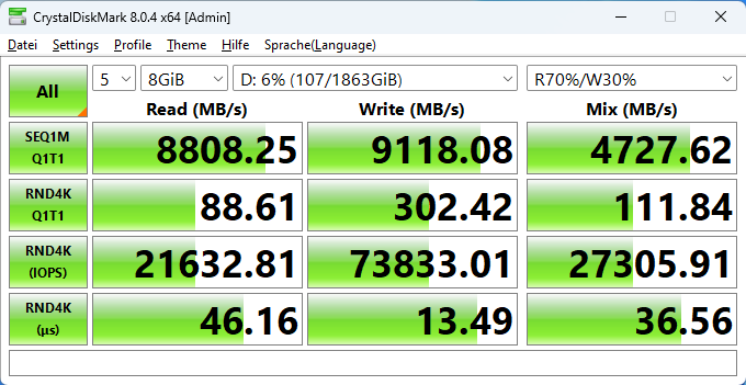 Im Vergleich zur Crucial T700 zeigt unsere T705, dass ihre Firmware noch sehr neu ist, die hier gezeigten Ergebnisse &uuml;bertrifft das neue Modell n&auml;mlich nicht durchgehend. (Quelle: Golem.de)