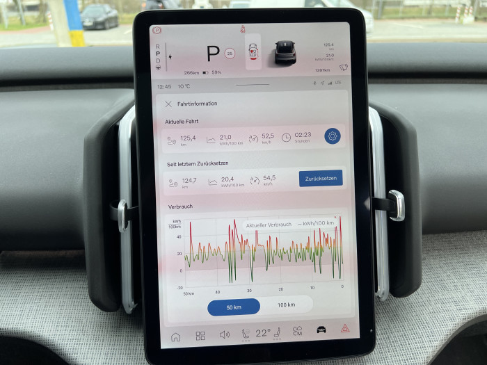 Bei unserer Testfahrt mit 8 Grad Celsius Außentemperatur lag der Verbrauch über 20 kWh/100 km. (Foto: Dirk Kunde)