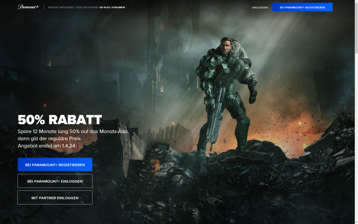 Auf der Homepage zu Paramount+ fehlt jeder Hinweis auf den Abopreis (Bild: Paramount/Screenshot: Golem.de)