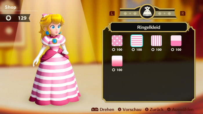 Nach und nach finden wir immer mehr Kostüme für Peach. (Bild: Nintendo/Screenshot: Golem.de)