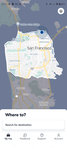 In der App von Waymo sehen wir den Teil von San Francisco, in dem die autonomen Autos fahren. (Bild: Waymo/Screenshot: Golem.de)