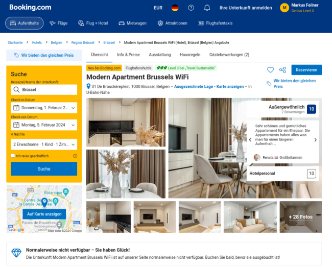 Screenshot von der Apartment-Seite, ... 