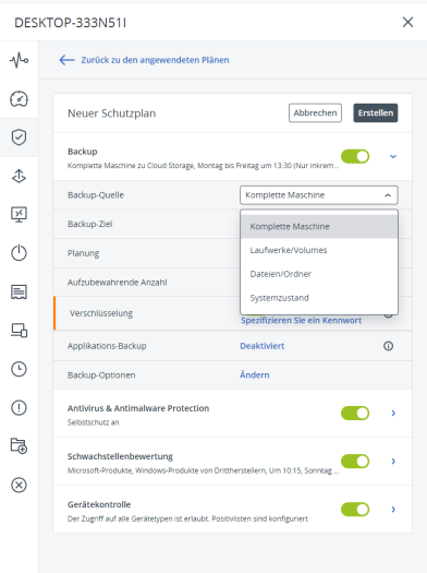 Der Schutzplan konfiguriert die einzelnen Cloud-Backups auf den Endgeräten. (Bild: Erik Baerwaldt)