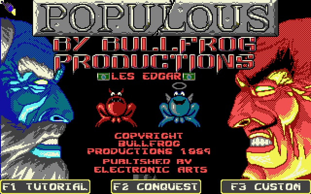 Der Titelbildschirm der PC-Version unterscheidet sich besonders stark vom Amiga-Original und zeigt die Fratzen zweier Götter, die aneinander anstarren. (Bild: Bullfrog/Medienagentur plassma)