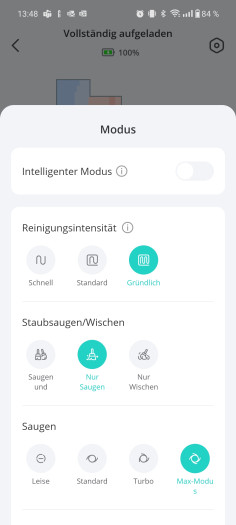 Die Einstellungsmöglichkeiten für die Reinigung mit dem X10 Pro Omni (Screenshot: Tobias Költzsch/Golem.de)