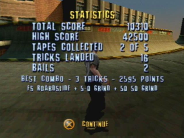 Nach jedem Lauf wird abgerechnet und man bekommt seine besten Trick-Kombos im Detail angezeigt. (Quelle: Moby Games)