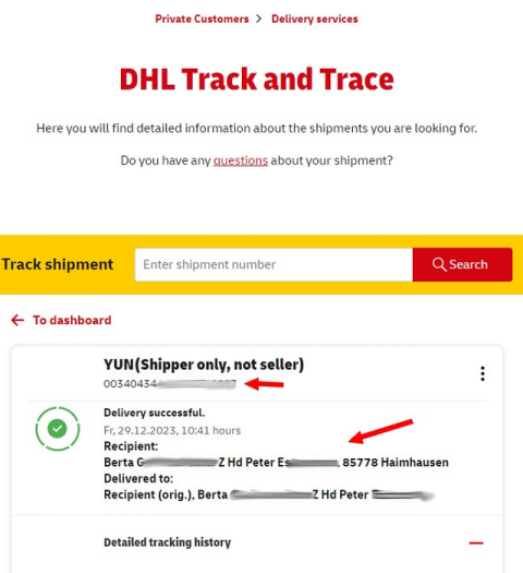 Die Sendung in der DHL-App (Screenshot: Günter Born)