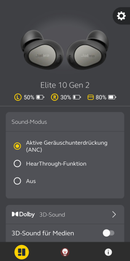 Die Sound+-App von Jabra für die Elite 10 Gen 2 zeigt den Akkustand von Stöpseln und Ladeetui und erlaubt die Einstellung für Dolby Atmos. (Bild: Jabra/Screenshot: Golem.de)