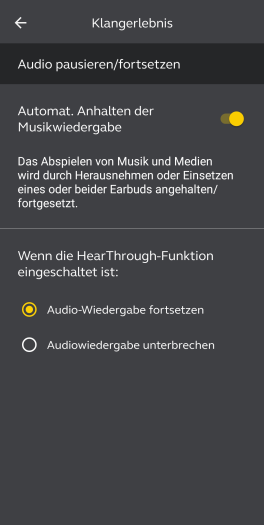 Vorsicht vor der Funktion Audiowiedergabe unterbrechen, dann lässt sich im Transparenzmodus keine Musik mehr hören. (Bild: Jabra/Screenshot: Golem.de)