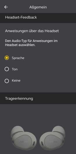 Die Sprachansagen lassen sich bei Bedarf abschalten. Schön wäre eine Automatik, die Sprachansagen nur in Telefonaten abschaltet. (Bild: Jabra/Screenshot: Golem.de)
