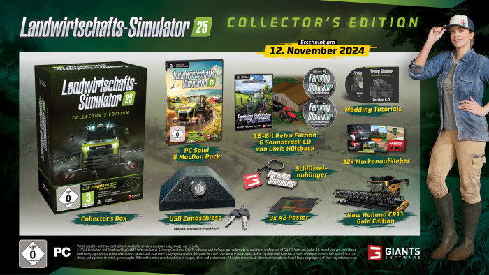 Übersicht mit den Inhalten der Collector's Edition, die auch am 12. November 2024 für Windows-PC erscheint (Bild: Giants Software)