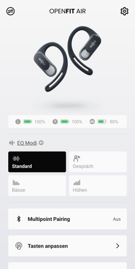 Der Startbildschirm der Shokz-App für die Openfit Air (Bild: Shokz/Screenshot: Golem.de)