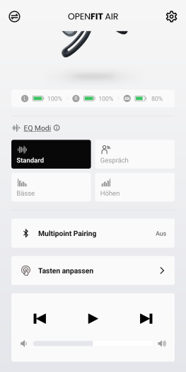 Der Startbildschirm der Shokz-App für die Openfit Air (Bild: Shokz/Screenshot: Golem.de)