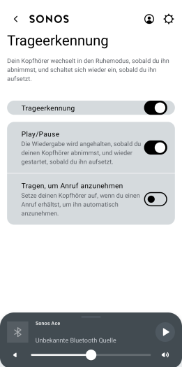 Die Ace-Trageerkennung ist durch die automatische Abschaltung nur eingeschränkt nutzbar - vor allem die eigentlich gut arbeitende Anrufannahme wird besonders gestört. (Bild: Sonos/Screenshot: Golem.de)