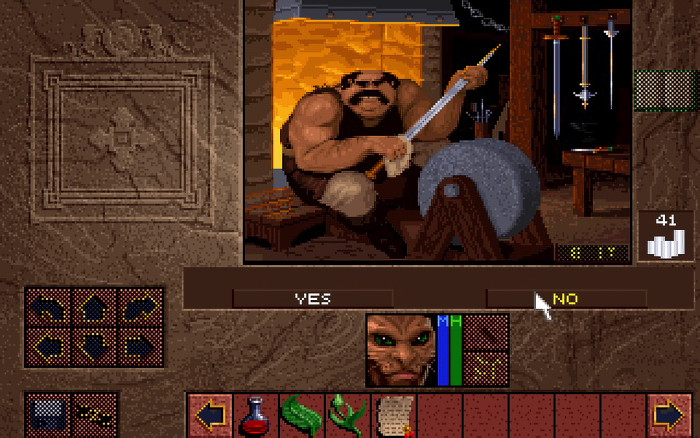 Anstelle eines klassischen Shops, in dem man die zu kaufenden Waffen aus einer Liste auswählt, klickt man einfach auf die in der Ecke hängenden Schwerter und bekommt sofort einen Preis angezeigt. (Quelle: Westwood Studios / Screenshot: Medienagentur Plassma)