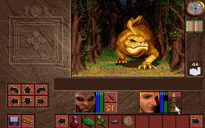 Dieses gelbe Reptil sieht zwar groß und gefährlich aus, ist aber wie viele andere Gegner in Lands of Lore mit wenigen Mausklicks besiegt. (Quelle: Westwood Studios / Screenshot: Medienagentur Plassma)