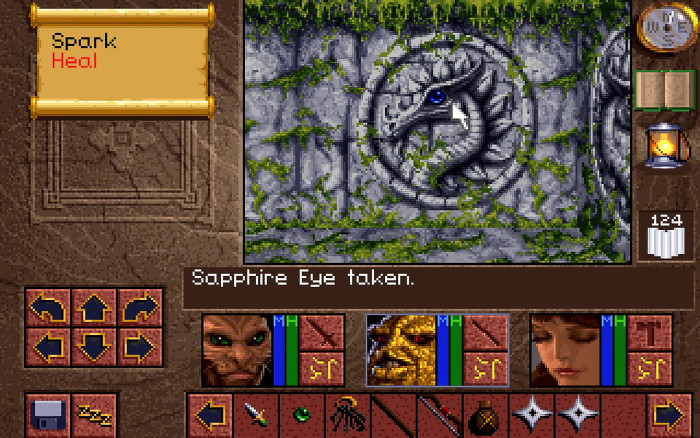 Die Rätsel in Lands of Lore beschränken sich auf das Finden von Questgegenständen, die man entweder einem NPC geben oder wie hier im Bild zu sehen in ein Emblem einsetzen muss. (Quelle: Westwood Studios / Screenshot: Medienagentur Plassma)