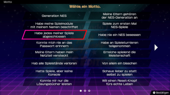 Beim Erstellen eines Profils gibt es vorgegebene Motto-Optionen. (Bild: Nintendo/Screenshot: Golem.de)