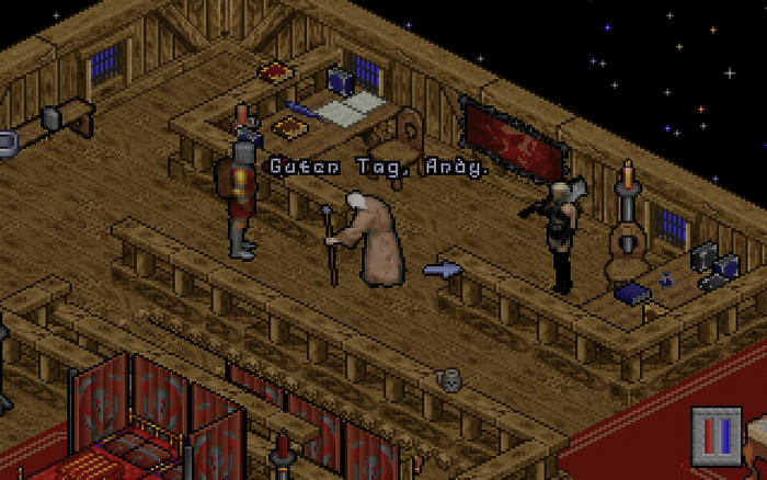 Der Einsiedler Mythran ist immer auf der Seite des Spielers und wird gelegentlich von der kaltschnäuzigen Henkerin besucht. (Quelle: Origin Systems/Medienagentur Plassma)