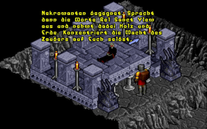 Die bereits verstorbenen Nekromanten entpuppen sich als recht gesprächig, wenn man sie durch Zauberei für einige Minuten wieder zum Leben erweckt. (Quelle: Origin Systems/Medienagentur Plassma)