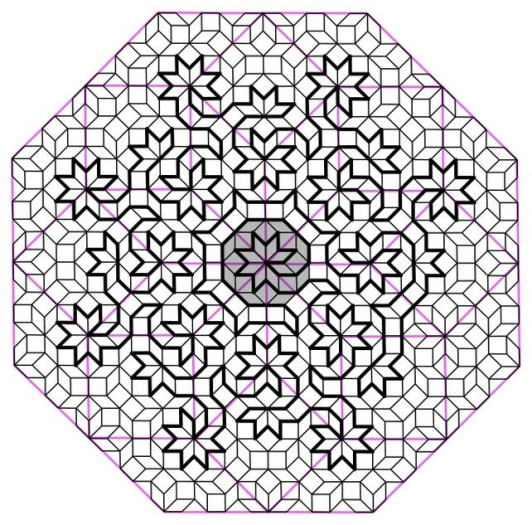 Ein Ammann-Beenker-Tiling mit einer dickeren schwarzen Linie, die den Hamilton-Pfad nachzeichnet, indem sie jeden Knotenpunkt besucht. Die violetten Linien sind nicht Teil des Kachelbildes (Bild: Singh et al., Phys. Rev. X, 2024).