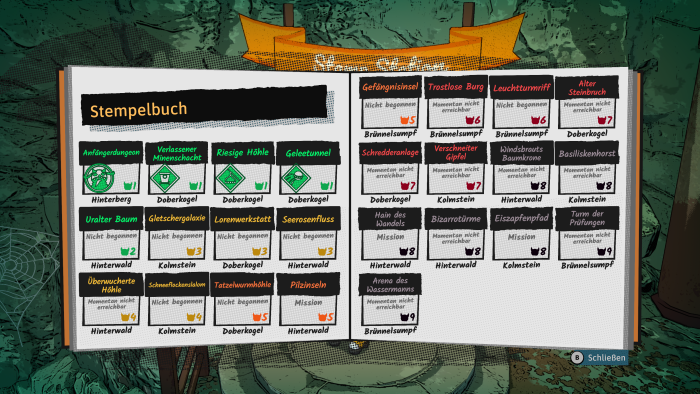 Im Stempelbuch sehen wir, welche Dungeons wir schon geschafft haben. (Bild: Magicbird/Screenshot: Golem.de)