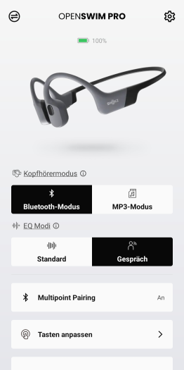Die Startseite der Shokz-App für den Openswim Pro (Bild: Shokz/Screenshot: Golem.de)