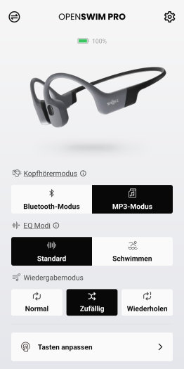 Neben der normalen Wiedergabereihenfolge spielt der Openswim Pro Musik per Zufallswiedergabe oder ... (Bild: Shokz/Screenshot: Golem.de)