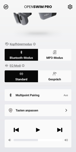 Ganz unten gibt es Steuerelemente für die laufende Musik - Liedtitel werden dort nicht angezeigt. (Bild: Shokz/Screenshot: Golem.de)