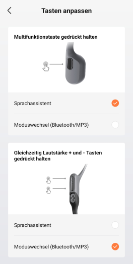 Die Tastenbelegung der Openswim Pro lässt sich nur sehr eingeschränkt ändern. (Bild: Shokz/Screenshot: Golem.de)