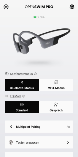 Die App zeigt den Ladestand des Akkus im Openswim Pro nur ungenau in Zehnerschritten an. (Bild: Shokz/Screenshot: Golem.de)