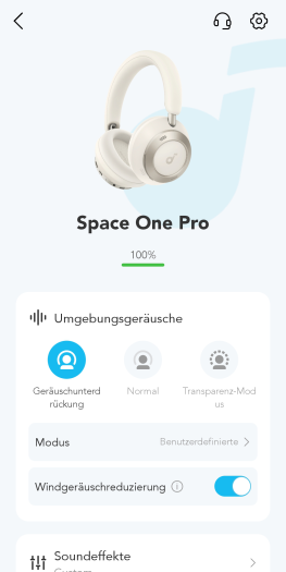 Die Windgeräuschreduzierung zeigt keinen Effekt, ist aber auch im ANC-Betrieb nicht nötig. (Bild: Anker/Screenshot: Golem.de)
