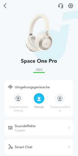 Der Akkustand der Kopfhörer wird zweistellig und damit entsprechend ungenau angezeigt. (Bild: Anker/Screenshot: Golem.de)