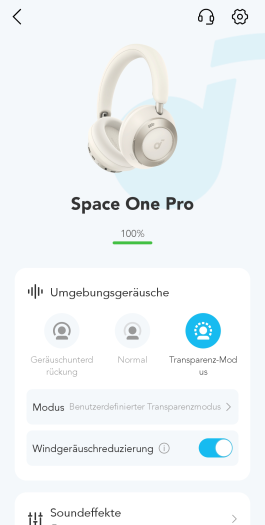 Auch bei aktivierter Windgeräuschreduzierung sind bei Wind pfeifende Geräusche im Transparenzmodus zu hören. (Bild: Anker/Screenshot: Golem.de)