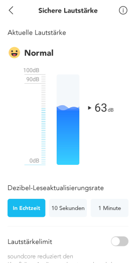 Die App zeigt die aktuelle Lautstärke an. (Bild: Anker/Screenshot: Golem.de)