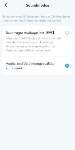 In der App können wir zwischen SBC/AAC und LDAC umschalten. (Bild: Anker/Screenshot: Golem.de)